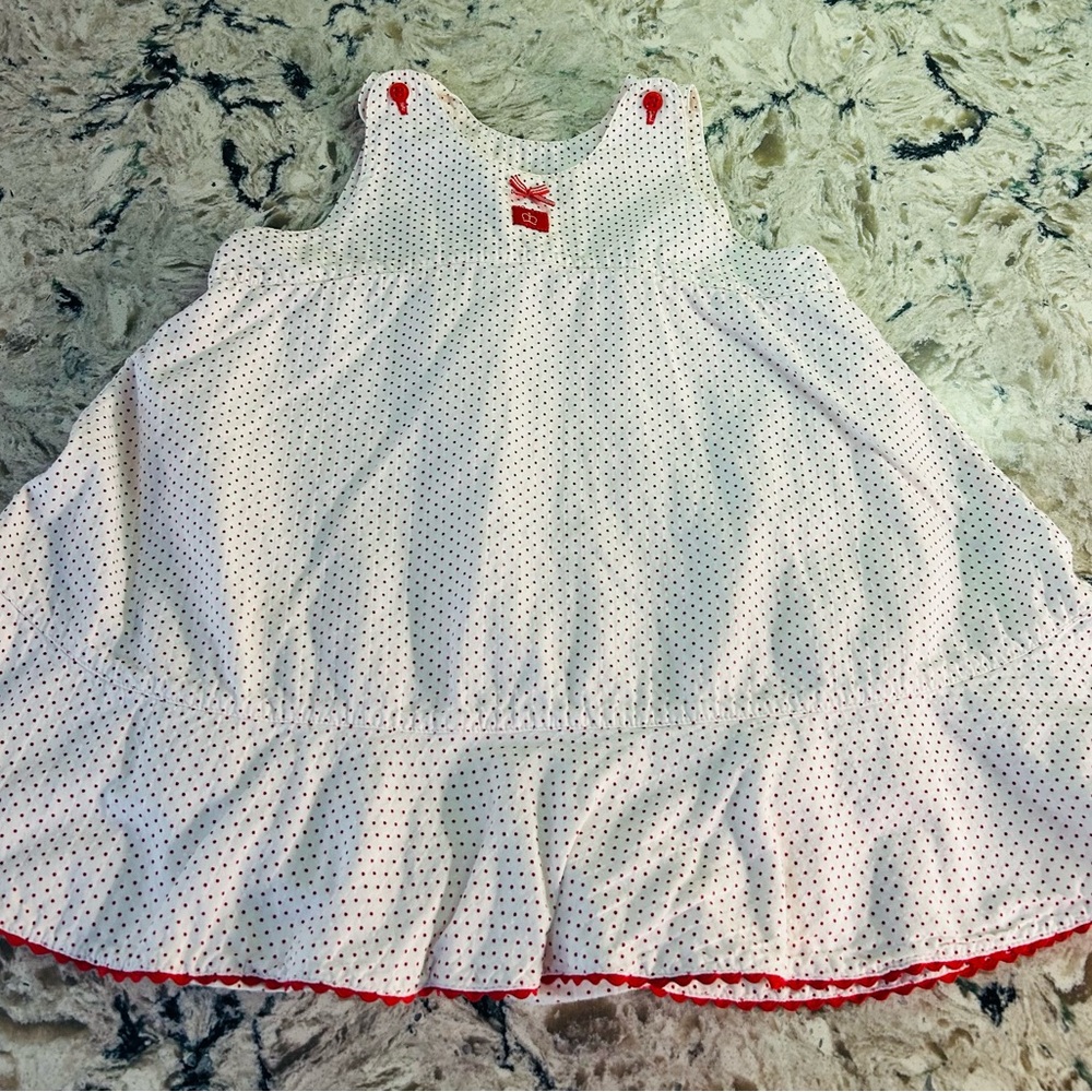Paula Cahen d’Anvers White Dress with Red Polka Dots and Ricrac Along Hem